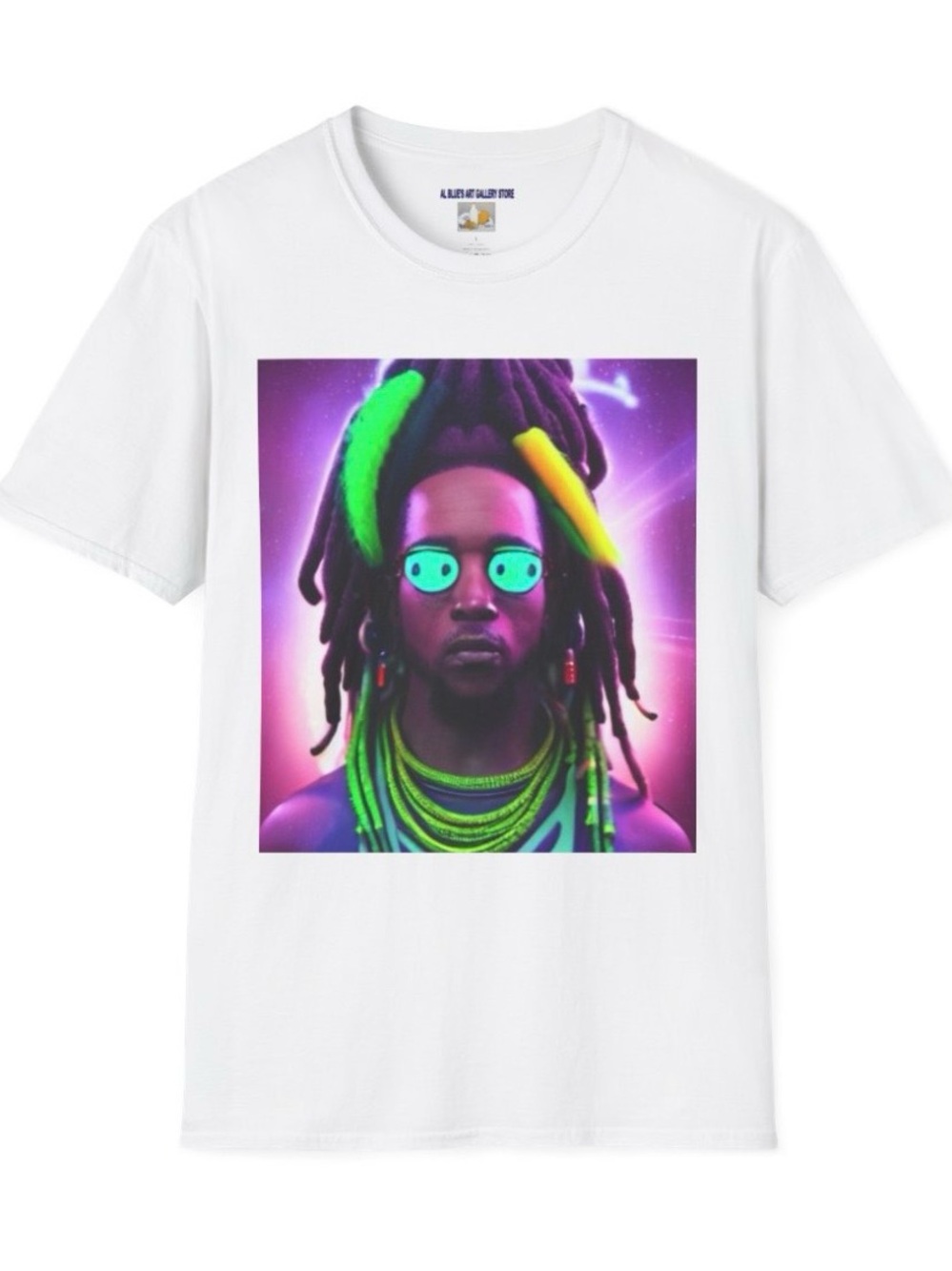 Designed by the artist, Al Blue White Tee with Neon Portrait Graphic